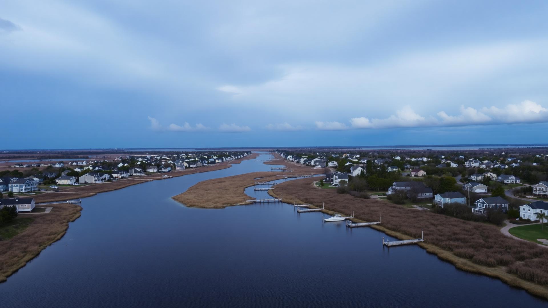 Coastal Hampton Roads homes along a tidal waterway at dusk
